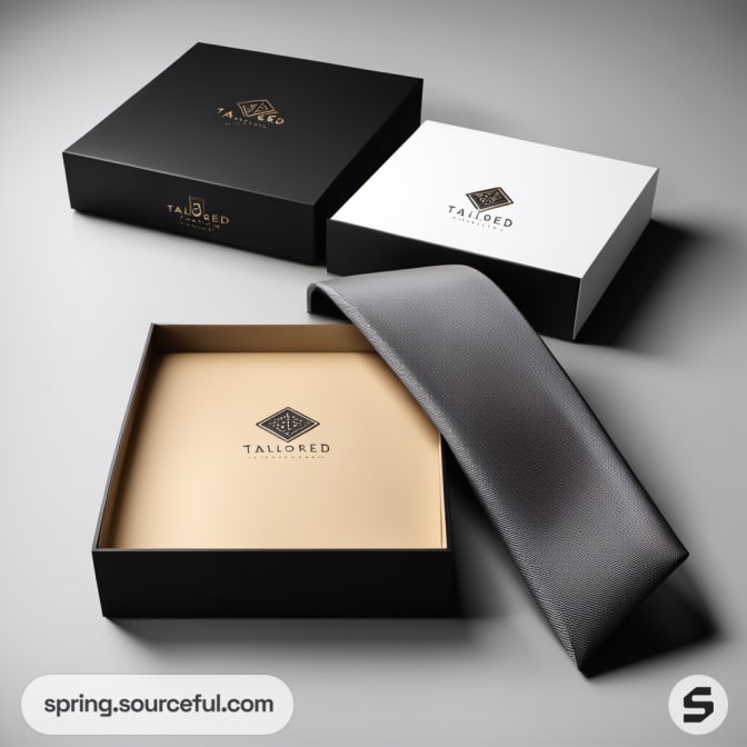Black and white square gift boxes with gold interior and branding.