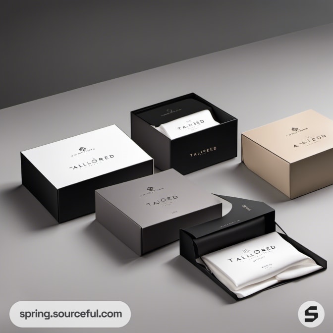 Assorted square and rectangular boxes with clothing items inside.