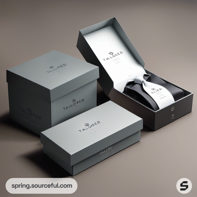 Gray square box set with ties and elegant packaging.