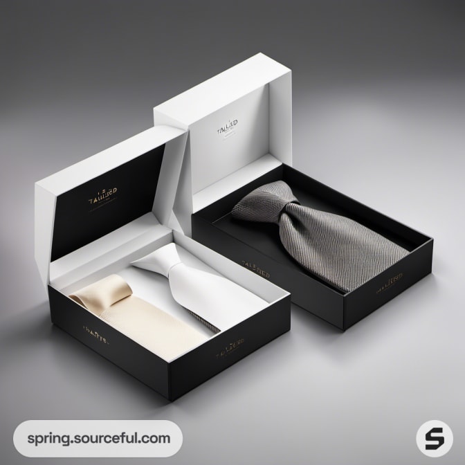Two boxes open to reveal white and gray neckties.