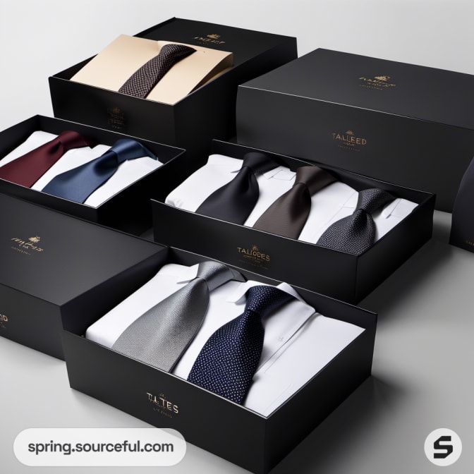 Various black boxes displaying assorted ties and shirts.