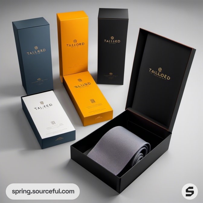 Colorful tall boxes and black box open to gray tie.