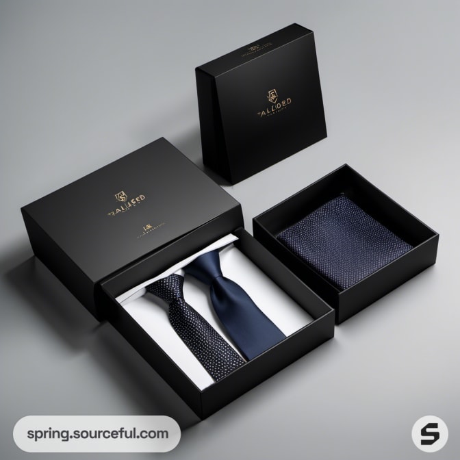 Black box set containing two ties and a pocket square.