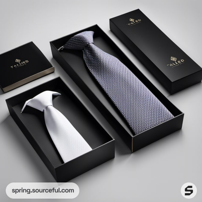 Two rectangular boxes showing textured black and white ties.