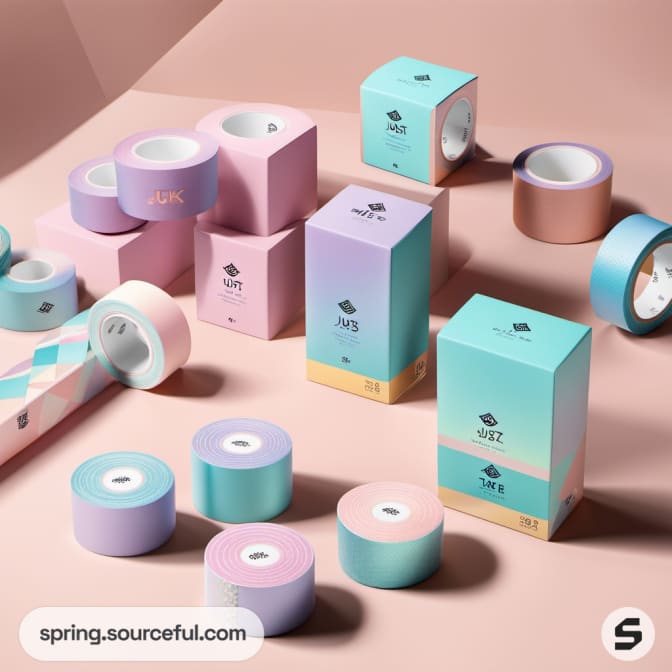 Tapes and boxes in pastel colors on a beige surface.