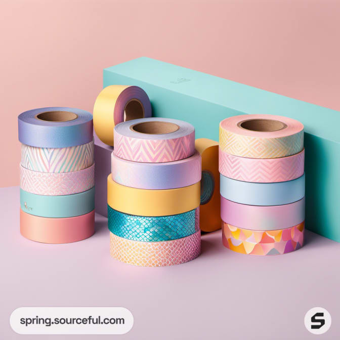 Colorful patterned tapes stacked against a pink background.