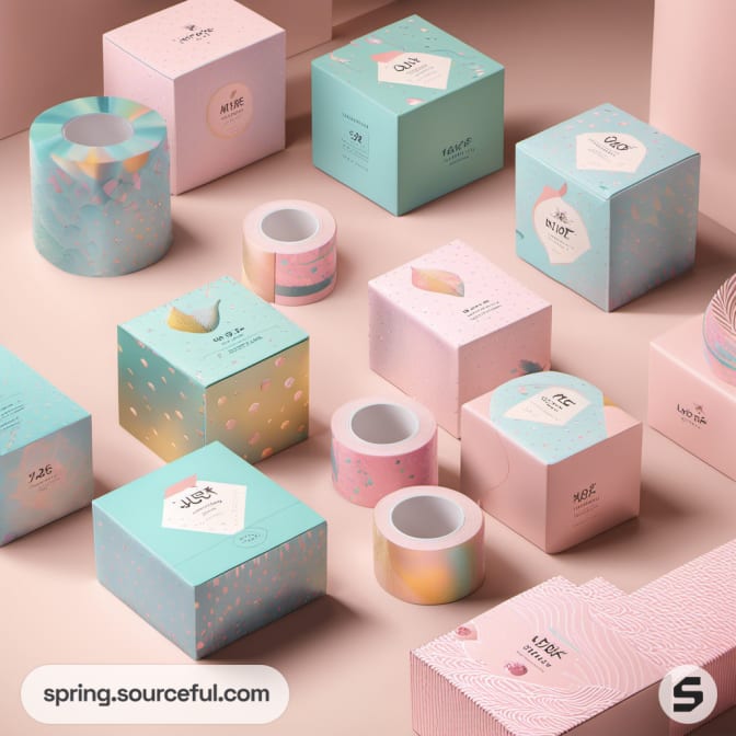Pastel boxes and tape rolls, arranged aesthetically.