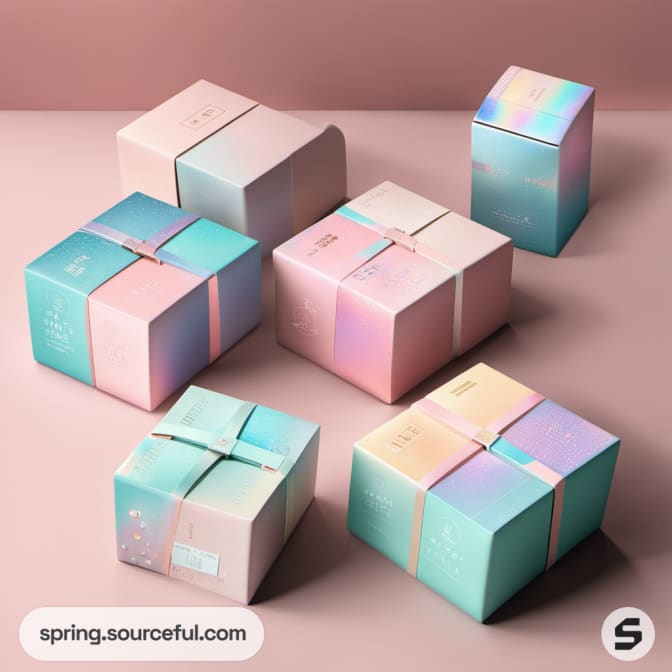 Holographic pastel boxes with ribbon details.