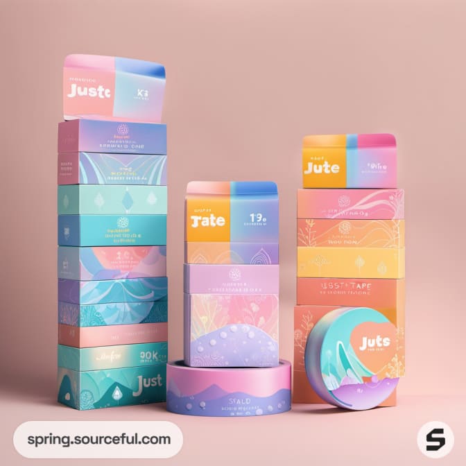 Stacked pastel-themed boxes and tapes.