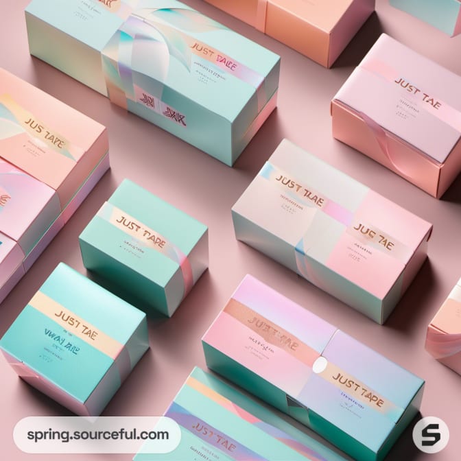 Assorted pastel boxes with 'Just Tape' branding.