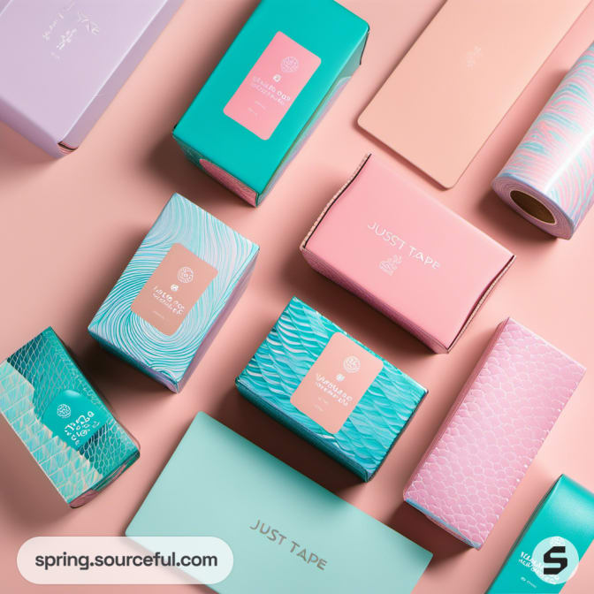 Pastel boxes with textured designs and branding.