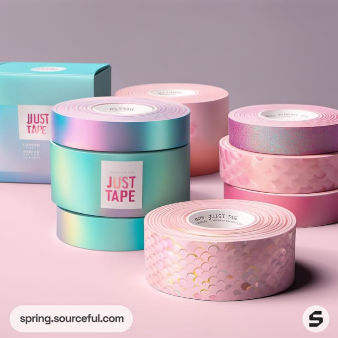 Pastel and holographic tape rolls and packaging.