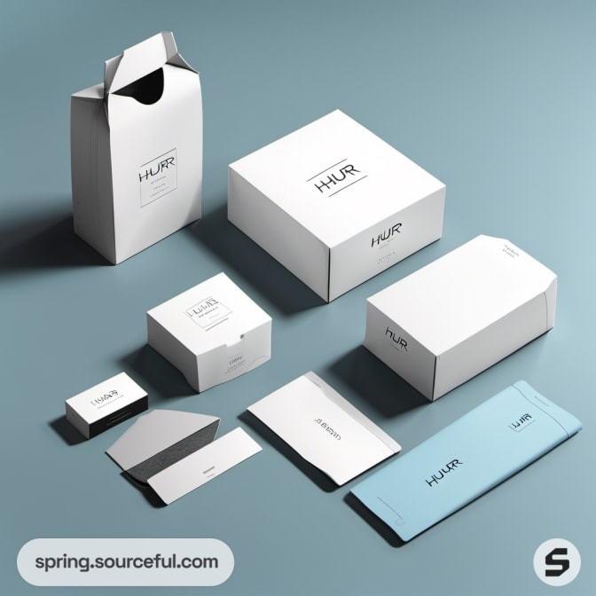 Assorted white packaging set on blue surface.