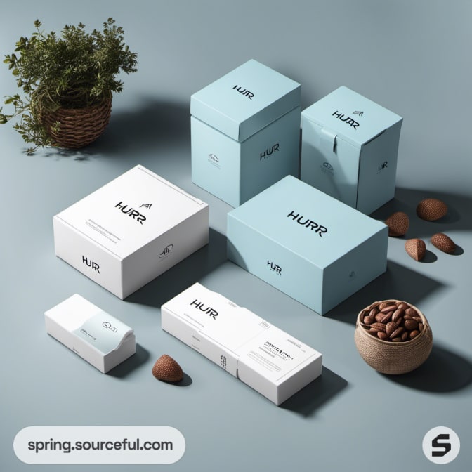 Blue and white packaging with plants and nuts.