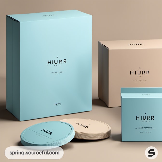 Blue and beige boxes with round lids.
