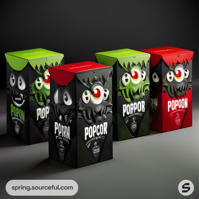 Stylized popcorn boxes with monster designs in black, green, and red, featuring large eyes on each box.