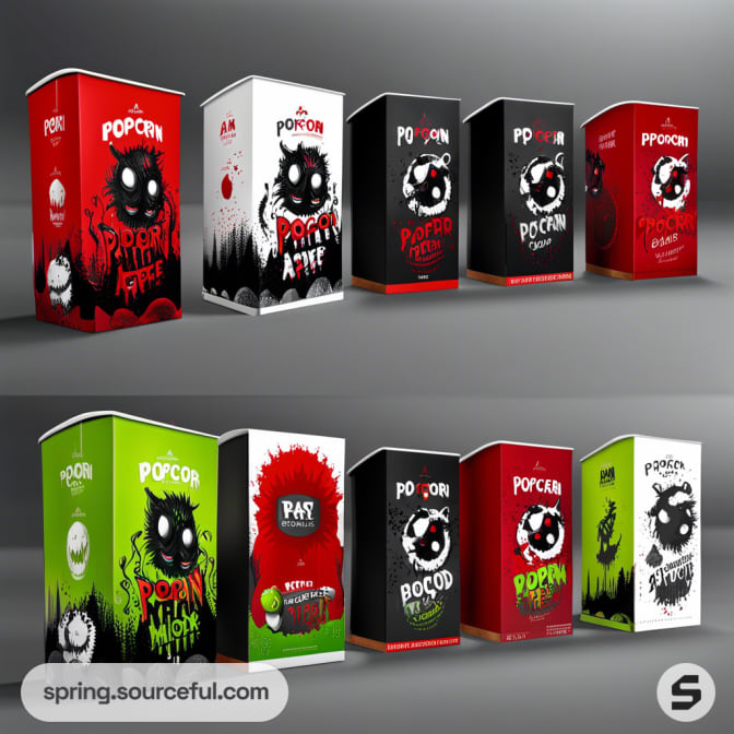 Colorful popcorn boxes with playful monster designs, featuring red, black, and green themes on each box.