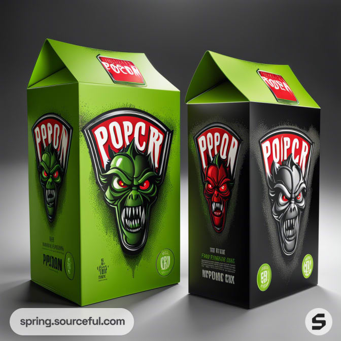 Green and black popcorn cartons with menacing face graphics and foldable tops.