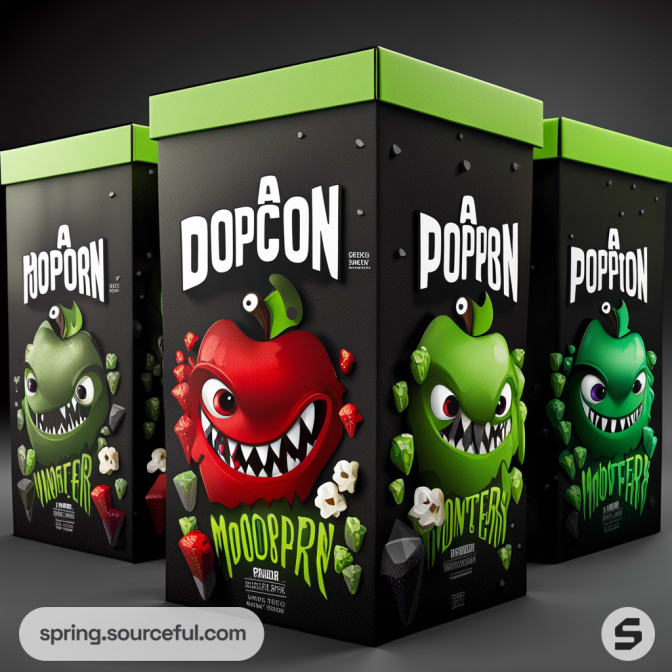 Colorful monster-themed popcorn boxes with cartoon monster graphics and bold text on black background.