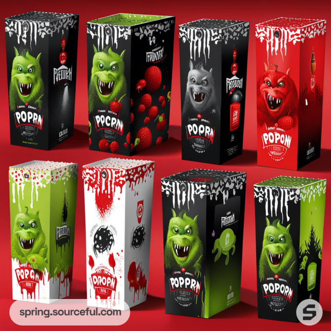 Colorful monster-themed popcorn boxes with dripping effects on a red background.