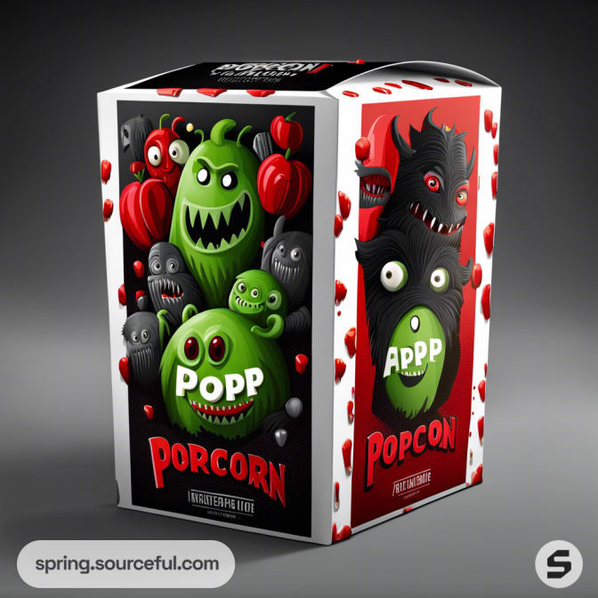 Cartoon monster-themed popcorn box with green and red characters; black, red, white color scheme.