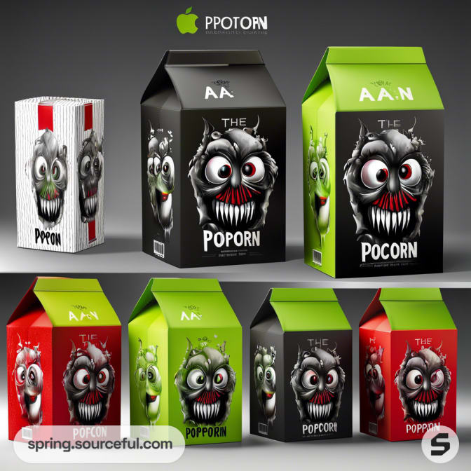 Various boxes of popcorn with monster faces, in black, red, and green packaging.