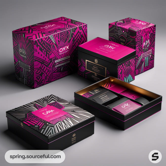 Stacked pink and black geometric pattern boxes with open box showing contents, against a gray background.