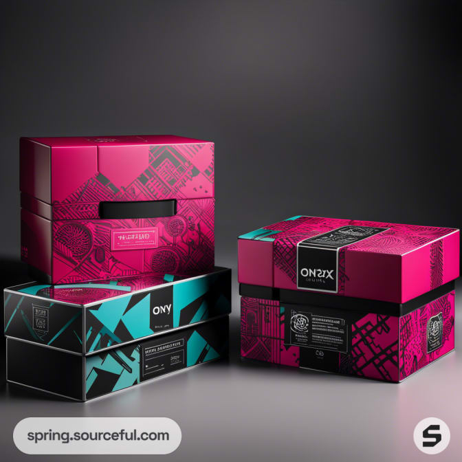 Stacked gift boxes with vibrant, geometric patterns in pink, black, and teal against a dark background.