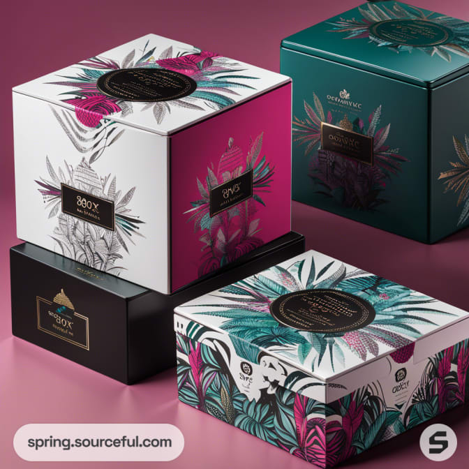 Colorful cube boxes with floral leaf designs on pink background.