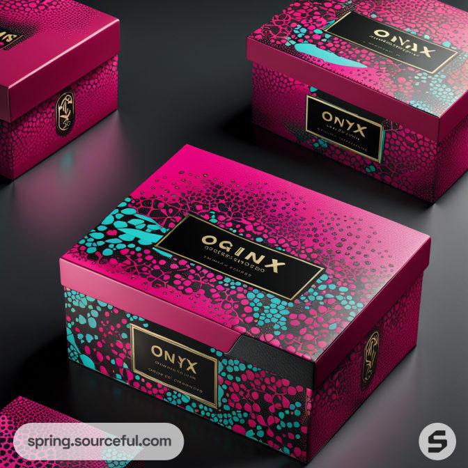 Pink and black shoe boxes with abstract patterns and gold labels, placed on a dark surface.