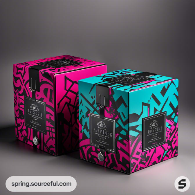 Two colorful cubic boxes with abstract patterns in pink and teal color schemes on a gray background.