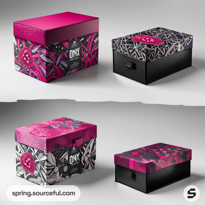 Pink and black patterned gift boxes with abstract designs, featuring lids and handles.