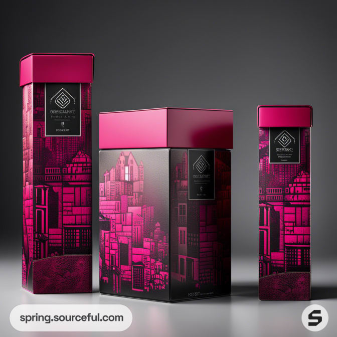 Elegant packaging with urban skyline design, magenta and black tones, for an upscale product line.