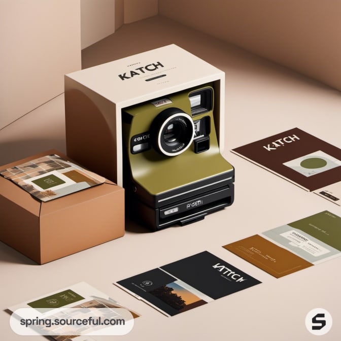 Vintage-style camera in a display box with brochures on a table.