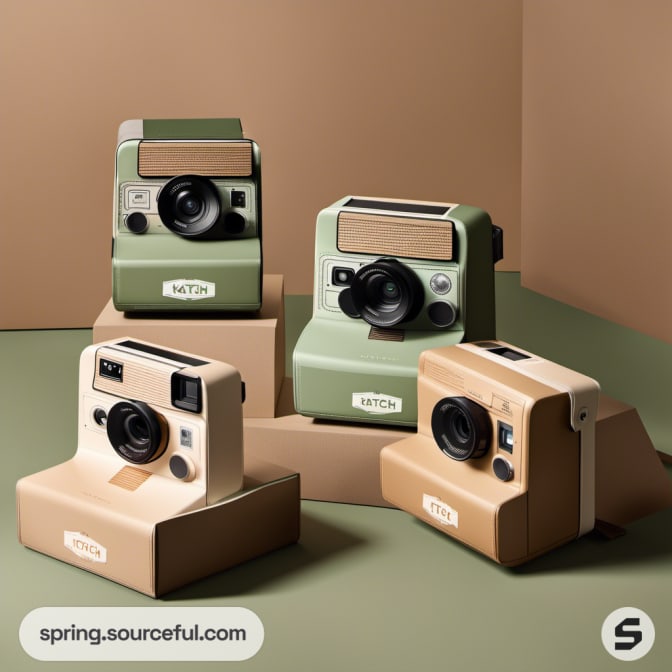Four retro-style cameras in green and beige tones on a table.