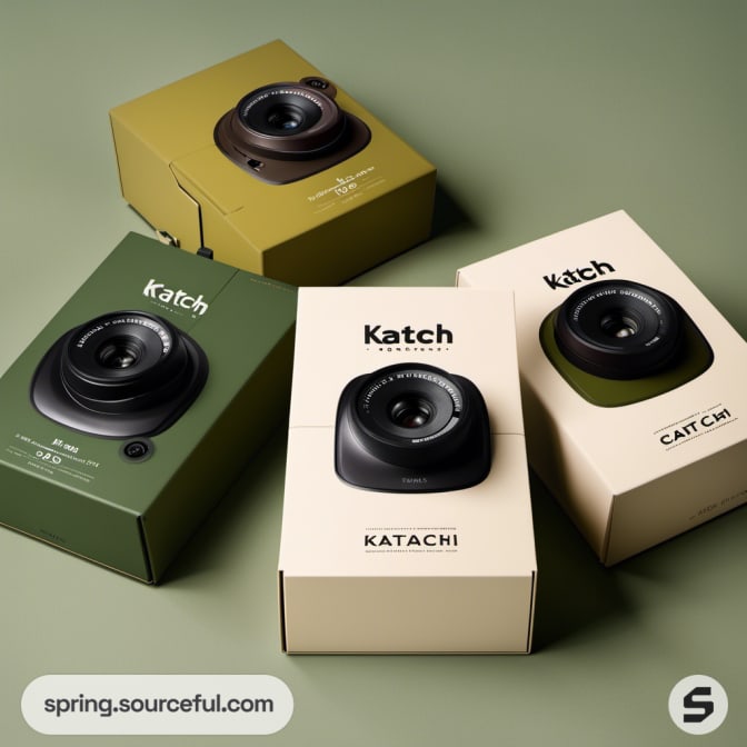 Assorted camera lenses in green and beige boxes.