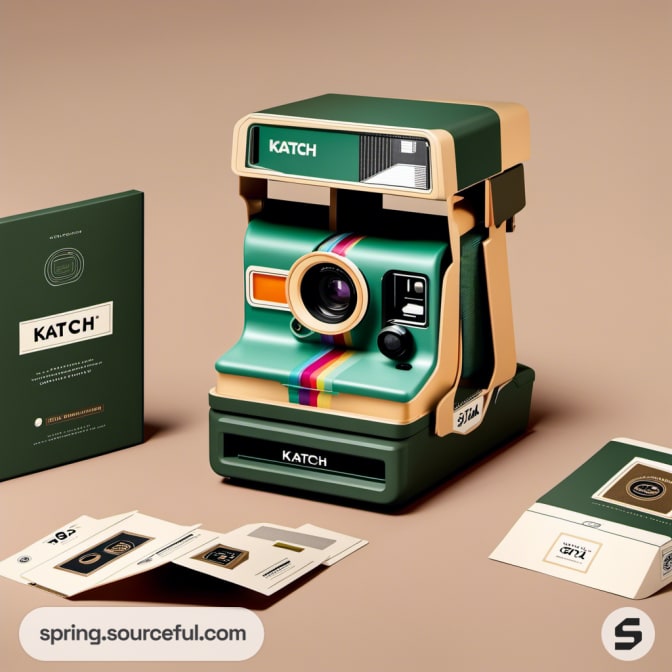 Retro camera with rainbow stripe details and instruction booklet.
