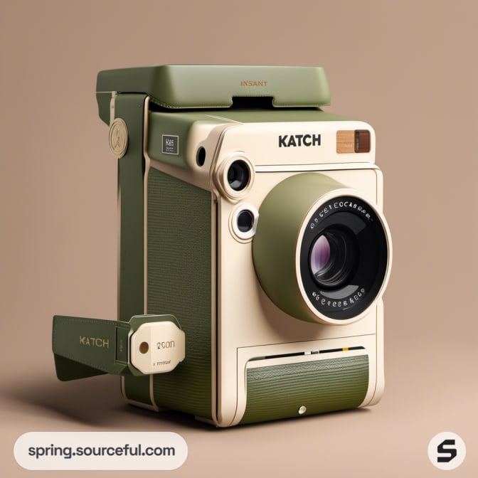 Vintage-style camera with large lens and strap in green tones.