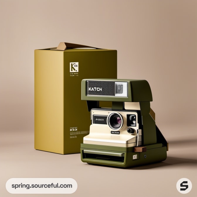 Green and beige retro camera with box on a neutral background.