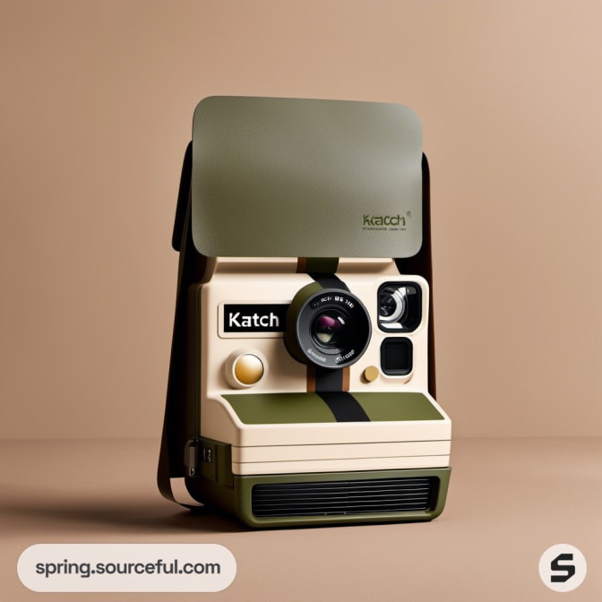 Beige and green camera with a foldable cover on a table.