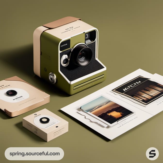 Box-shaped vintage camera with brochures and boxes.