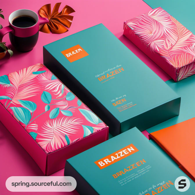 Vibrant boxes with leaf patterns on teal and pink surfaces.