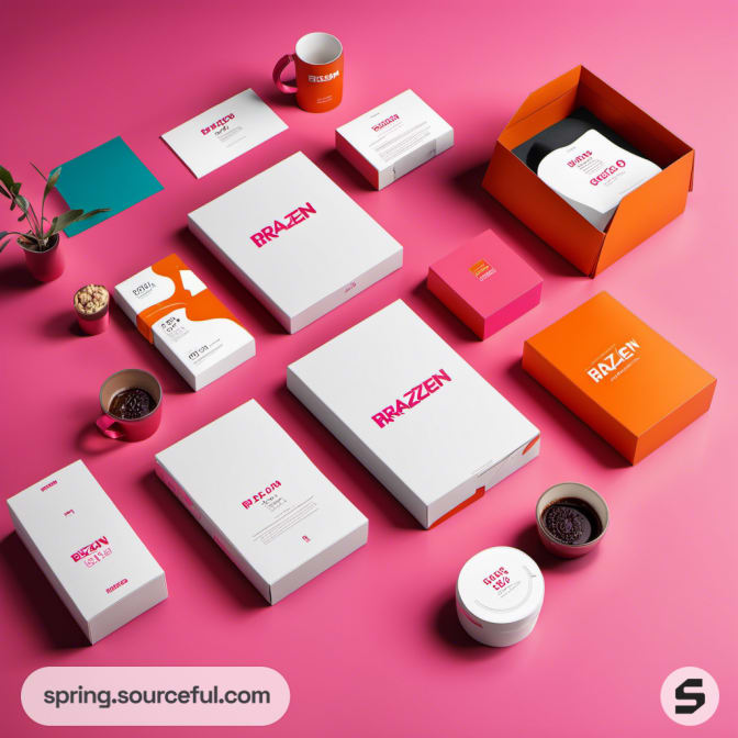 Assorted packaging on pink background with modern design.