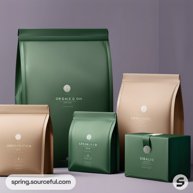 Green and brown resealable pouches with minimalist design on a gray background.