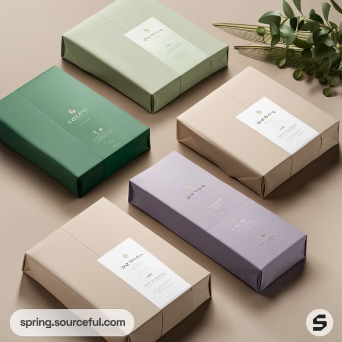 Five eco-friendly cardboard boxes in green, beige, and purple on a light brown surface with a plant.