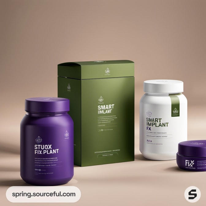 Assorted supplement containers with green and purple designs, including jars and boxes on a beige background.