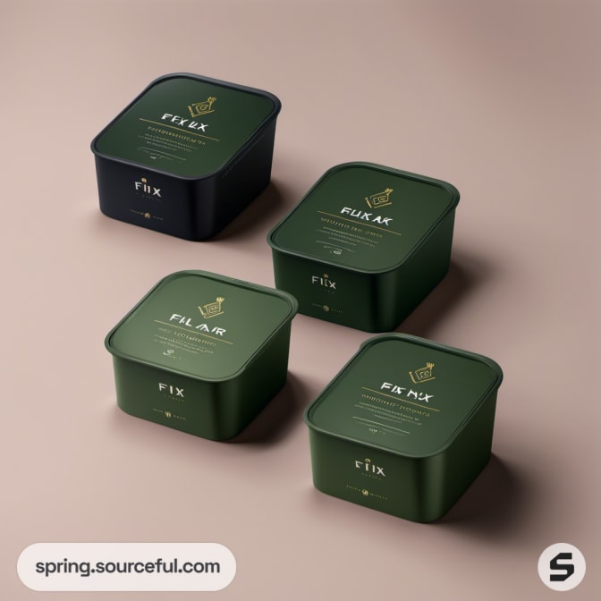 Square green containers with subtle designs on a beige background.