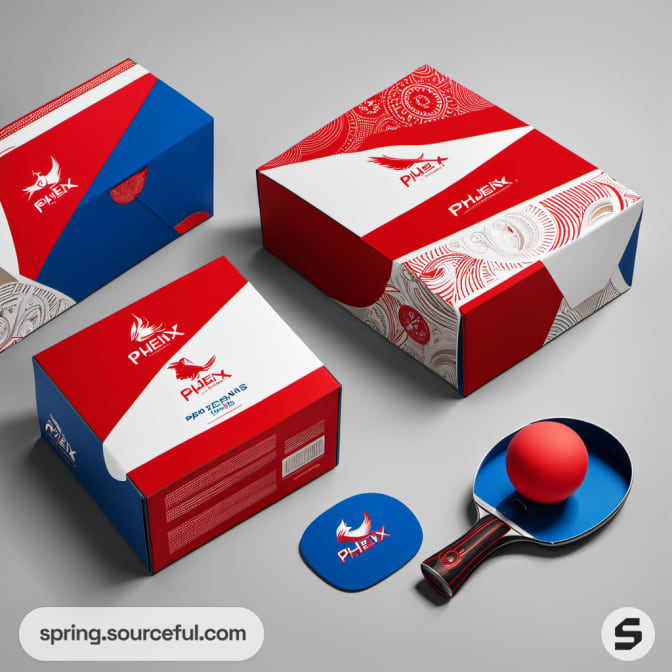 Red and blue board game packaging with detailed white patterns.