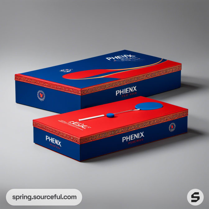 Rectangular game boxes in red and blue with sleek design.