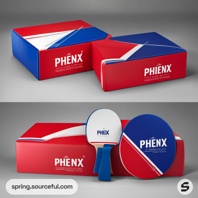 Red and blue table tennis set boxes with paddles and cases.